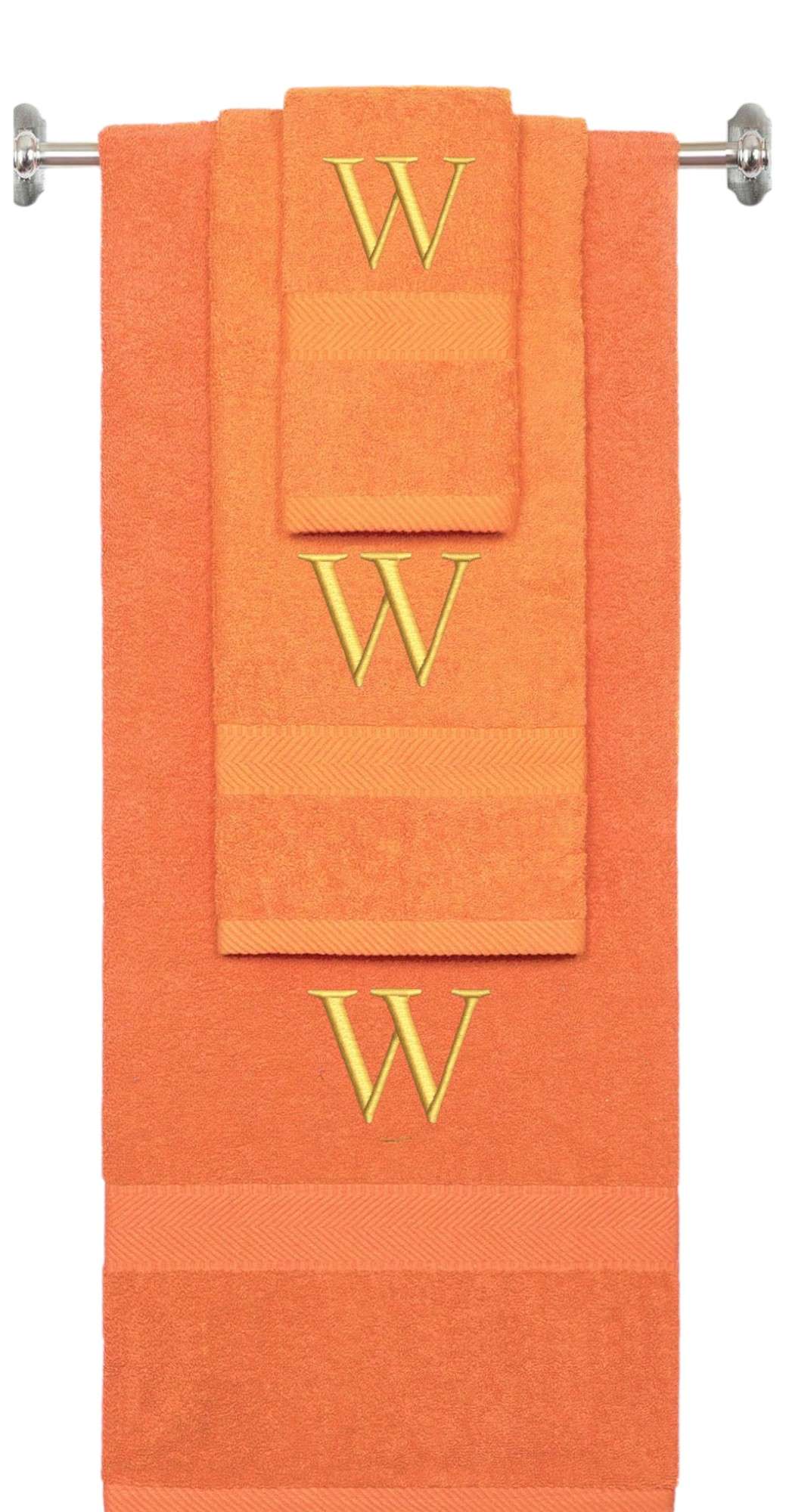 Orange monogrammed towel set with Gold thread, Times New Roman font, initial W - 540 GSM cotton 3-piece