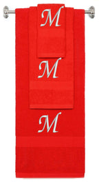 Red monogrammed towel set with Silver thread, Chancery font, initial M - 540 GSM cotton 3-piece