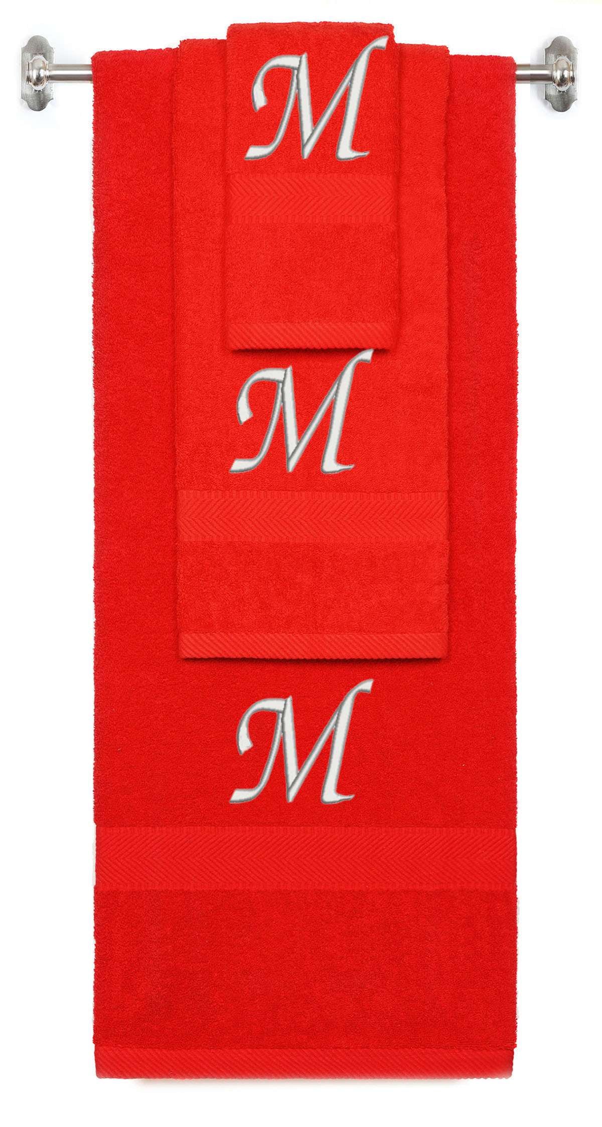 Red monogrammed towel set with Silver thread, Chancery font, initial M - 540 GSM cotton 3-piece