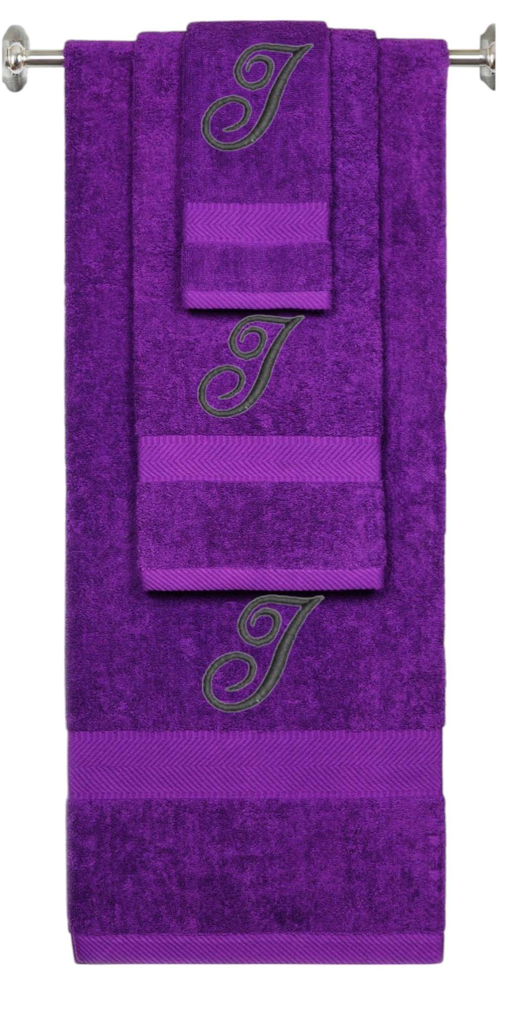 Purple monogrammed towel set with Black thread, Diana Script font, initial I - 540 GSM cotton 3-piece