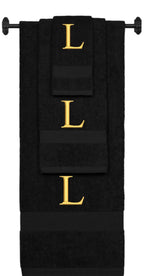 Black monogrammed towel set with Gold thread, Times New Roman font, initial L - 540 GSM cotton 3-piece