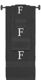 Charcoal monogrammed towel set with Silver thread, Times New Roman font, initial F - 540 GSM cotton 3-piece
