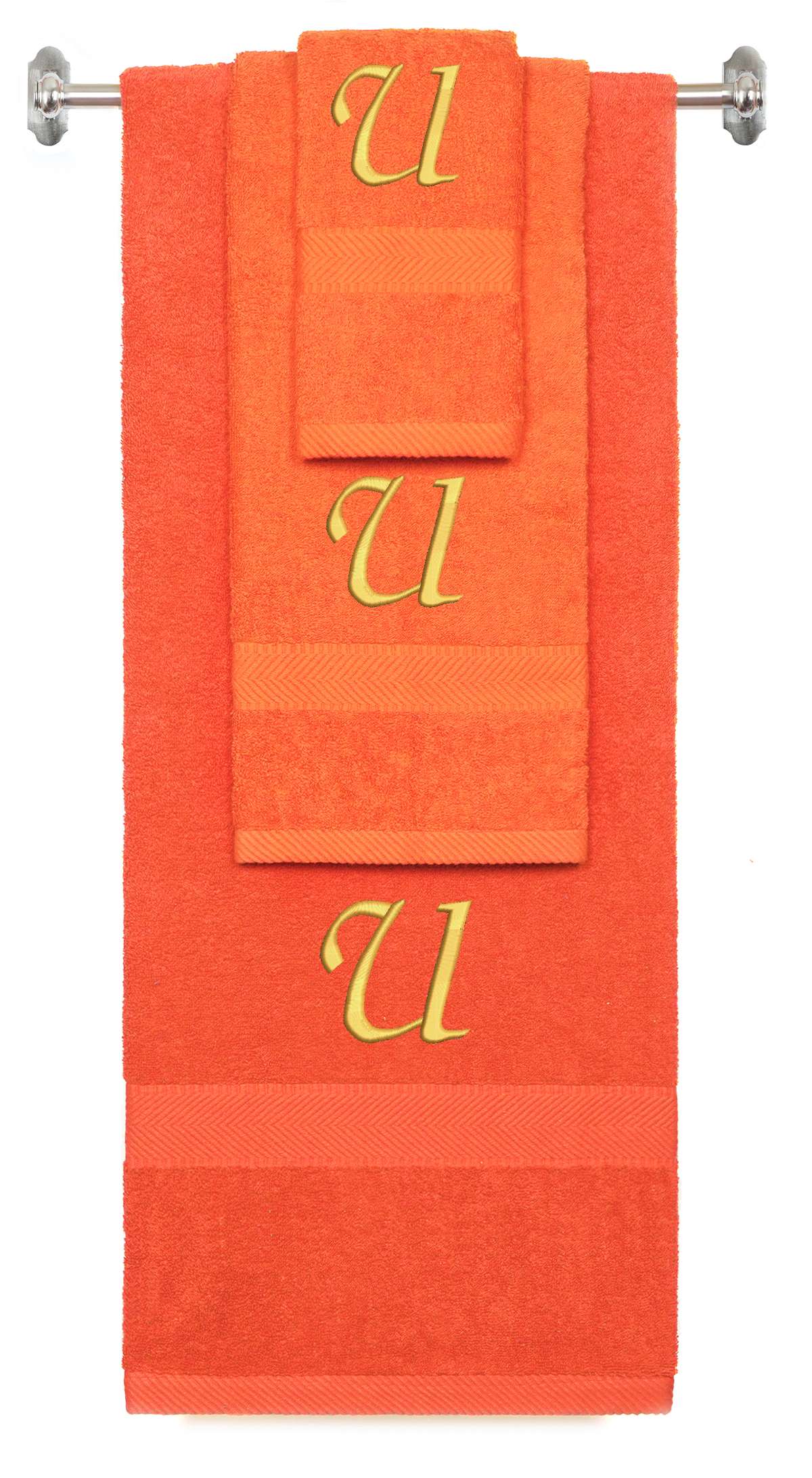Orange monogrammed towel set with Gold thread, Chancery font, initial U - 540 GSM cotton 3-piece