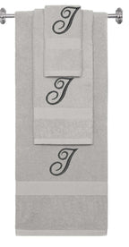 Silver monogrammed towel set with Black thread, Diana Script font, initial I - 540 GSM cotton 3-piece