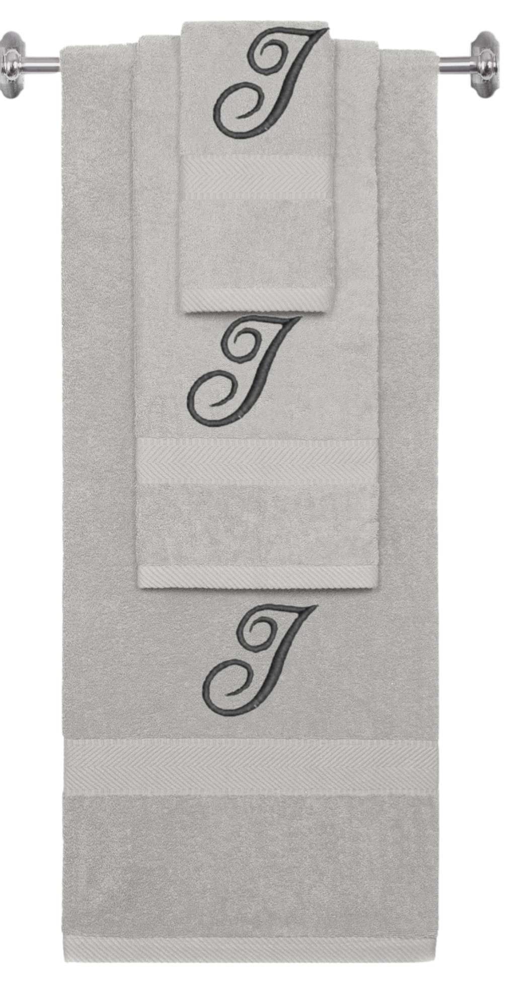Silver monogrammed towel set with Black thread, Diana Script font, initial I - 540 GSM cotton 3-piece