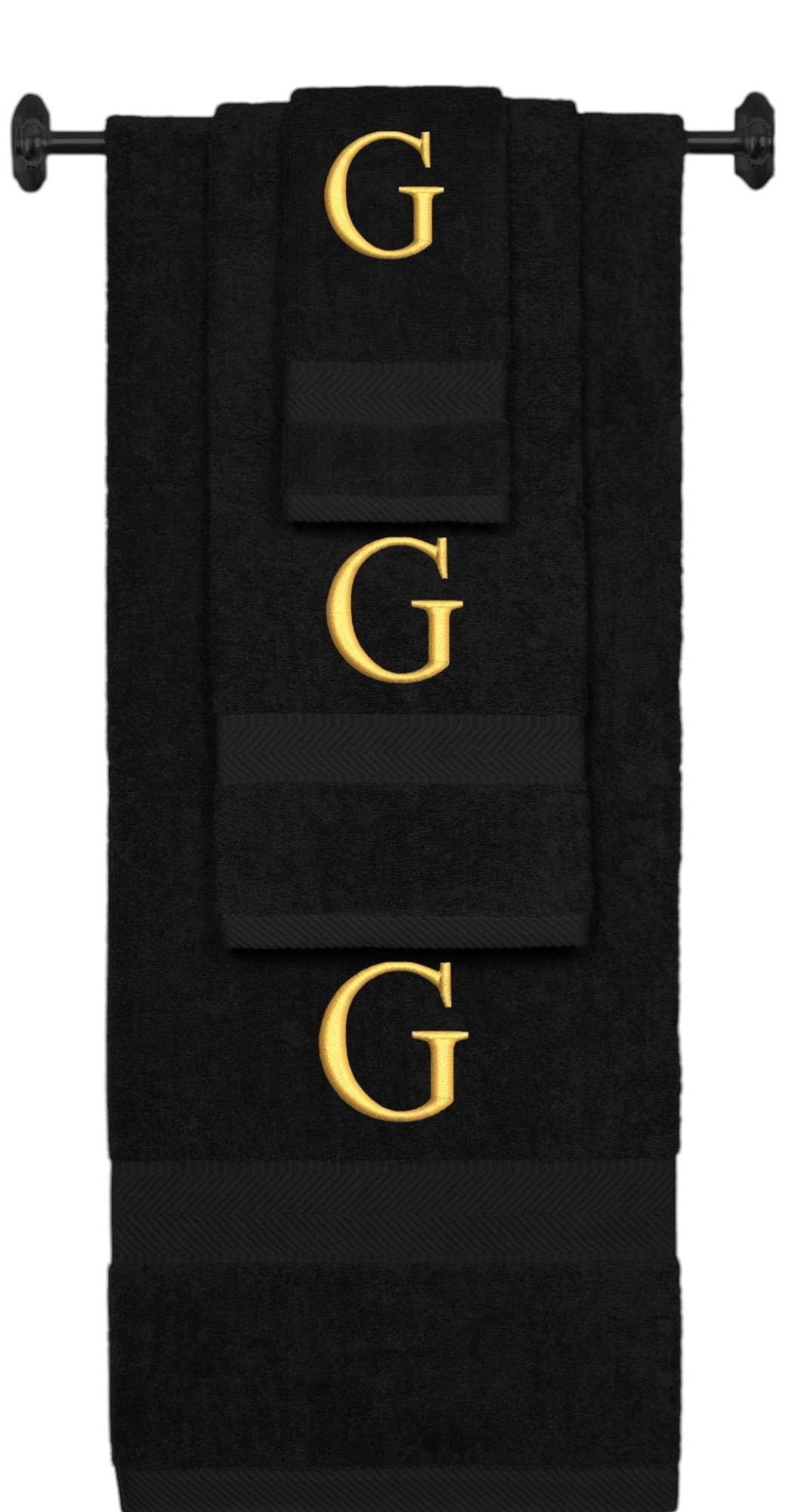 Black monogrammed towel set with Gold thread, Times New Roman font, initial G - 540 GSM cotton 3-piece