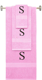 Pink monogrammed towel set with Black thread, Times New Roman font, initial S - 540 GSM cotton 3-piece