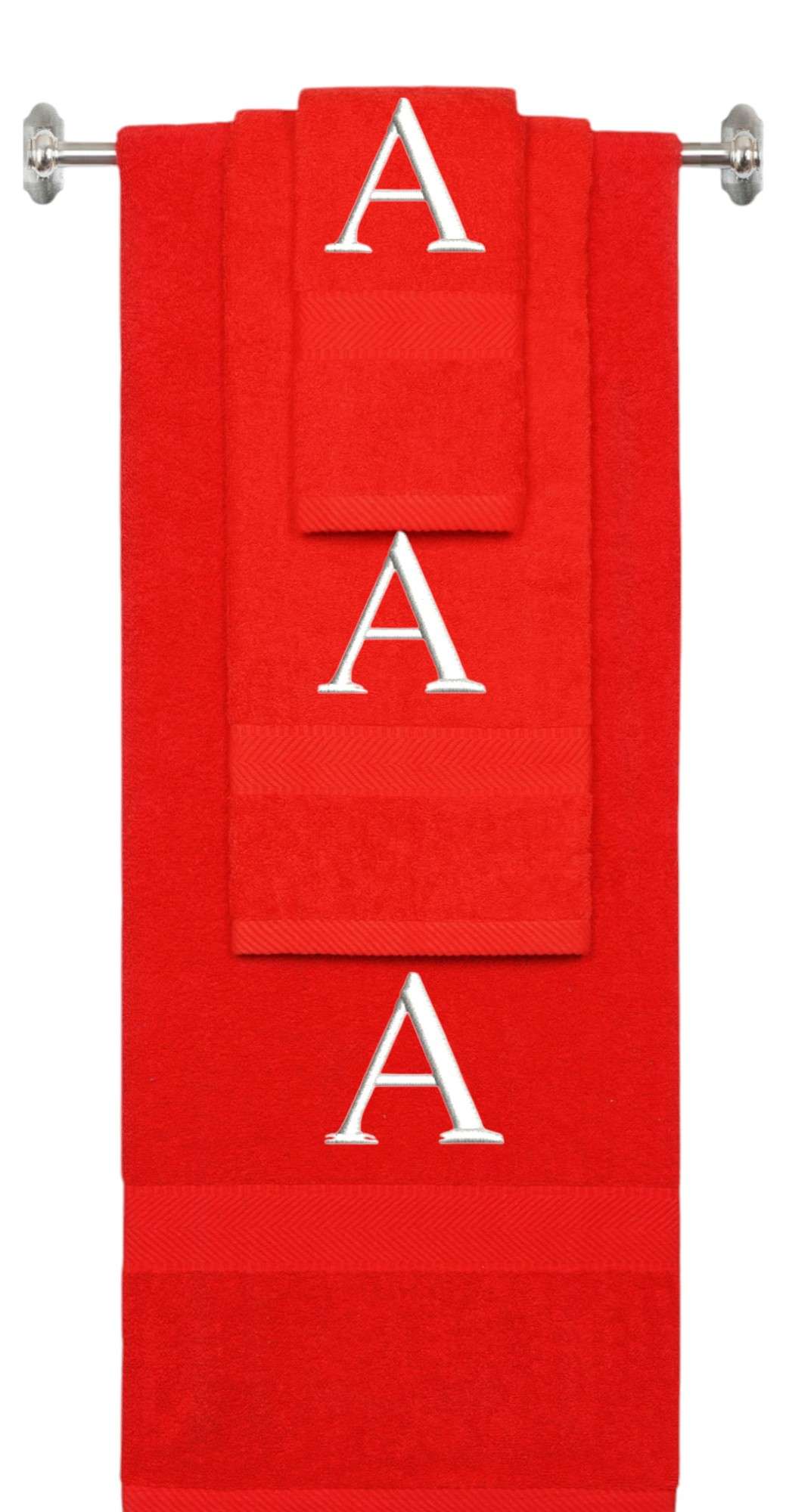 Red monogrammed towel set with White thread, Times New Roman font, initial A - 540 GSM cotton 3-piece