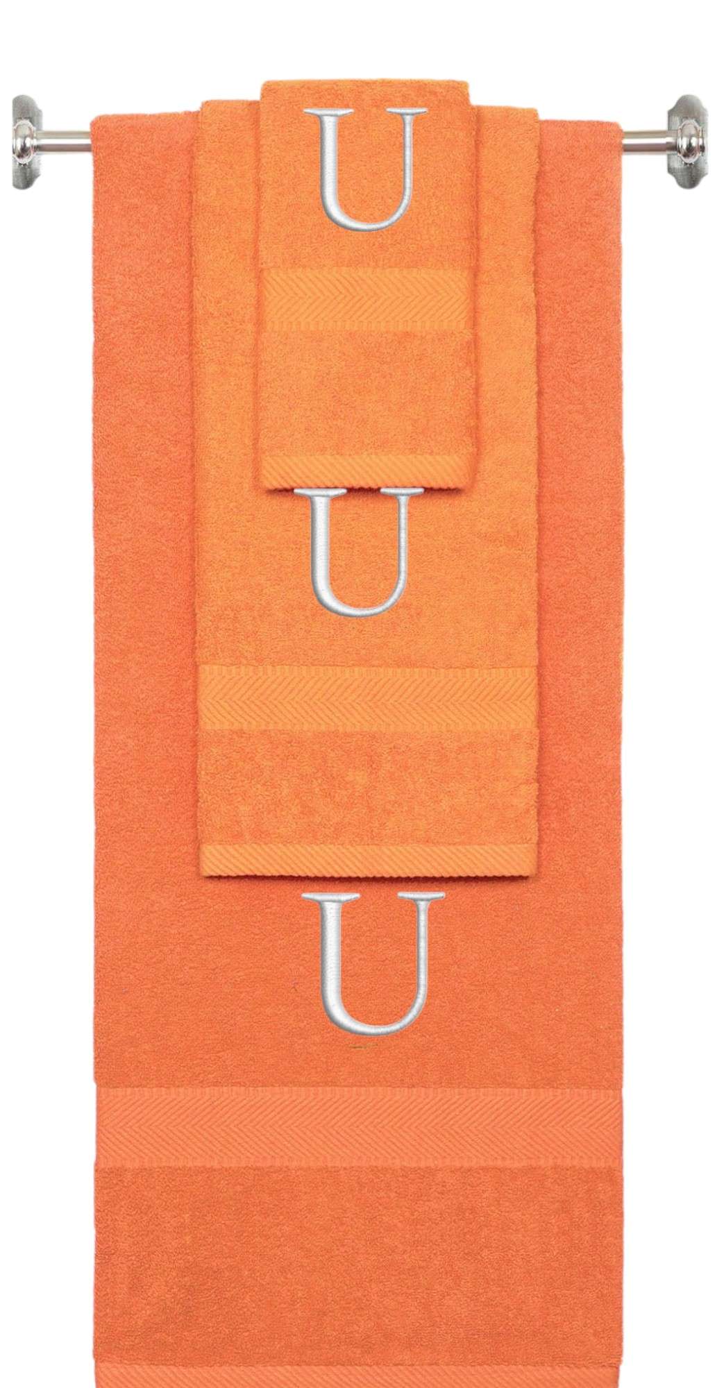 Orange monogrammed towel set with Silver thread, Times New Roman font, initial U - 540 GSM cotton 3-piece