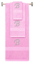 Pink monogrammed towel set with Silver thread, Chancery font, initial B - 540 GSM cotton 3-piece