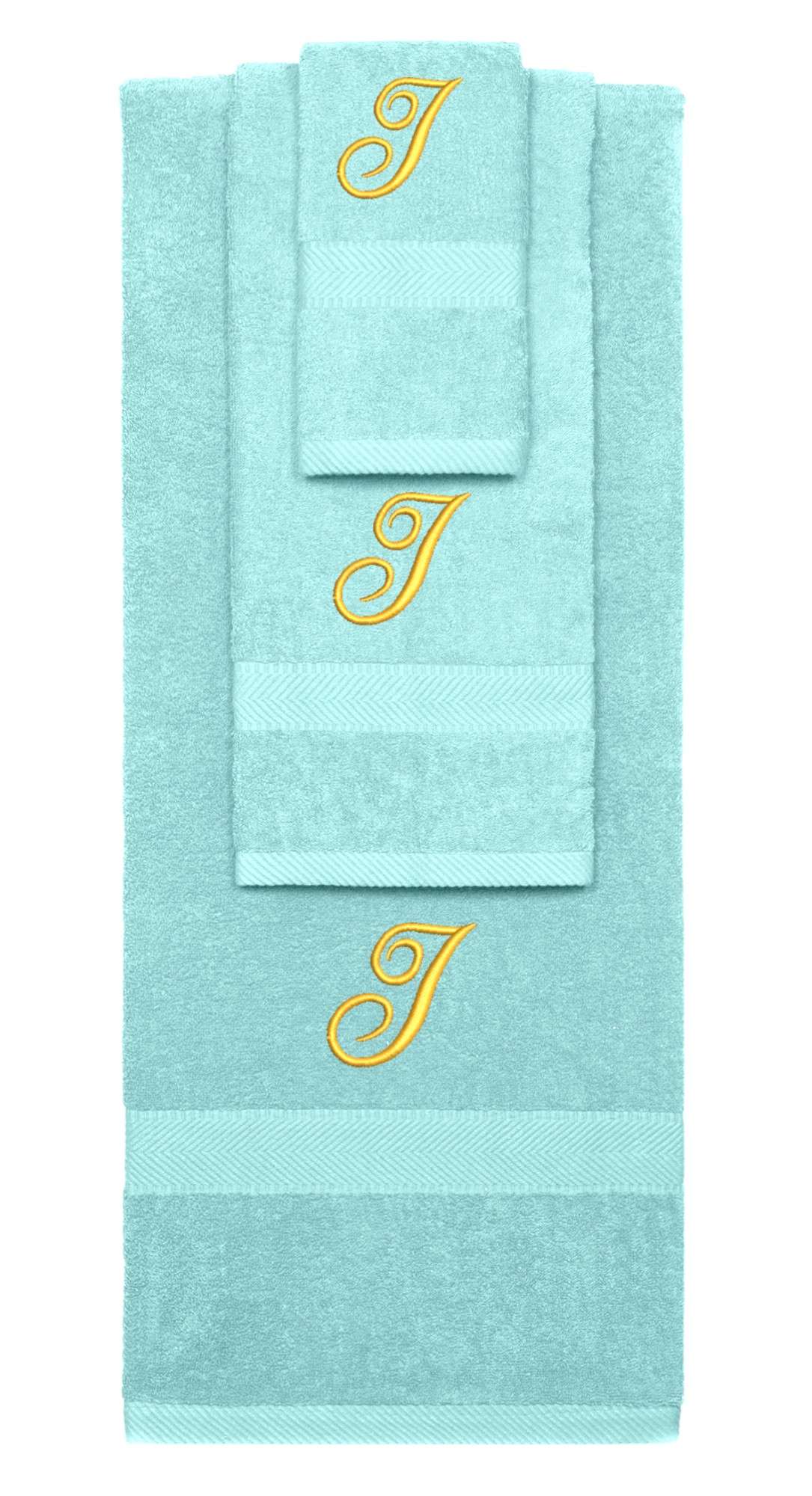 Nautical Teal monogrammed towel set with Gold thread, Diana Script font, initial I - 540 GSM cotton 3-piece