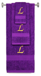 Purple monogrammed towel set with Gold thread, Chancery font, initial L - 540 GSM cotton 3-piece