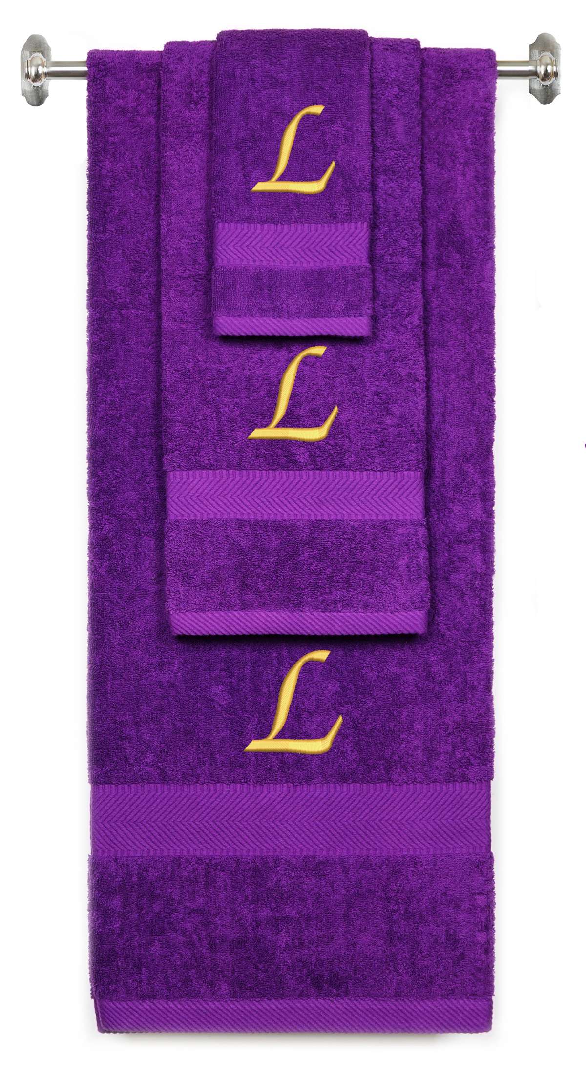Purple monogrammed towel set with Gold thread, Chancery font, initial L - 540 GSM cotton 3-piece