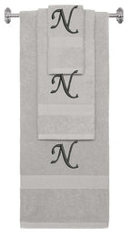 Silver monogrammed towel set with Black thread, Chancery font, initial N - 540 GSM cotton 3-piece