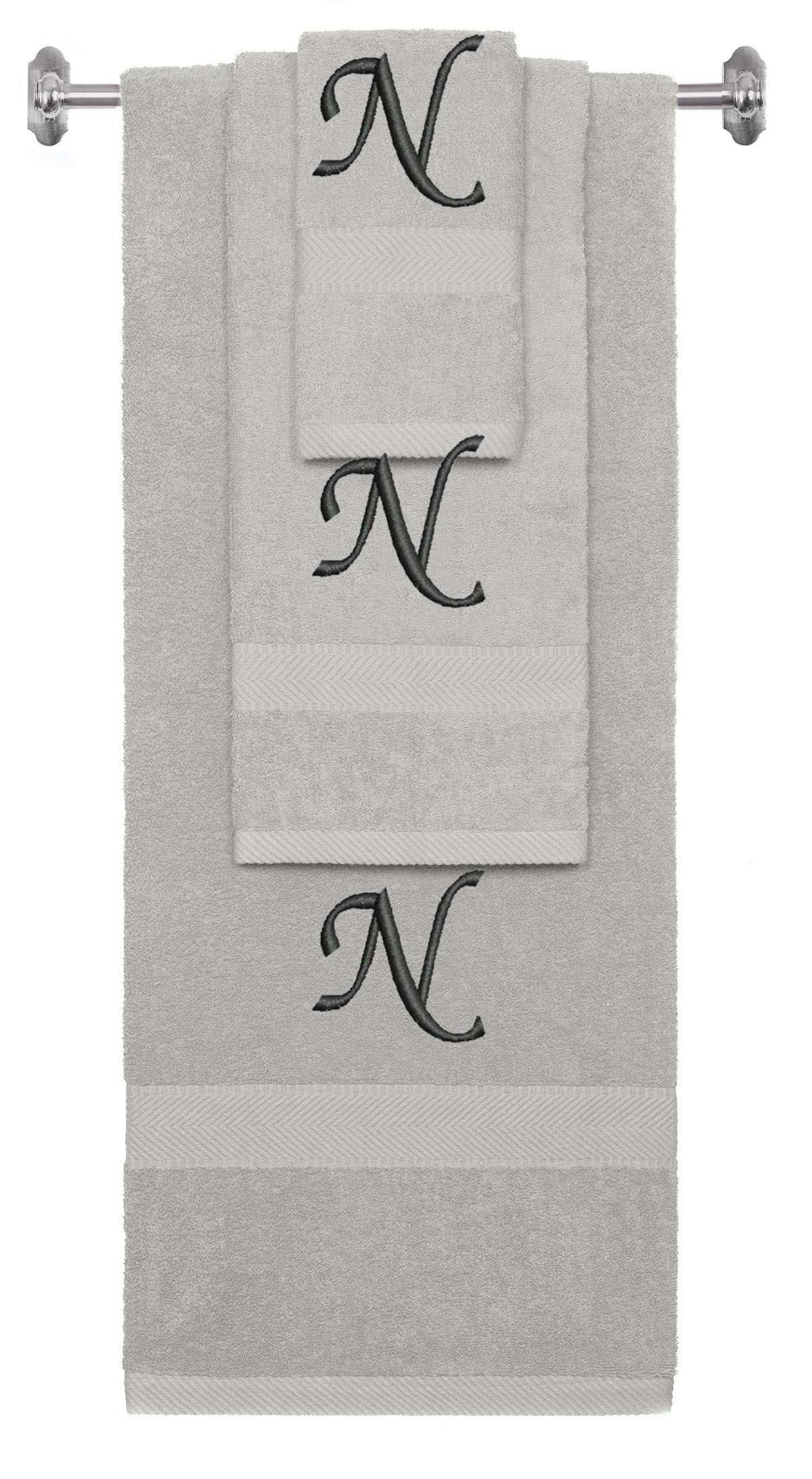Silver monogrammed towel set with Black thread, Chancery font, initial N - 540 GSM cotton 3-piece