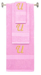 Pink monogrammed towel set with Gold thread, Chancery font, initial U - 540 GSM cotton 3-piece