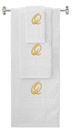 White monogrammed towel set with Gold thread, Diana Script font, initial Q - 540 GSM cotton 3-piece
