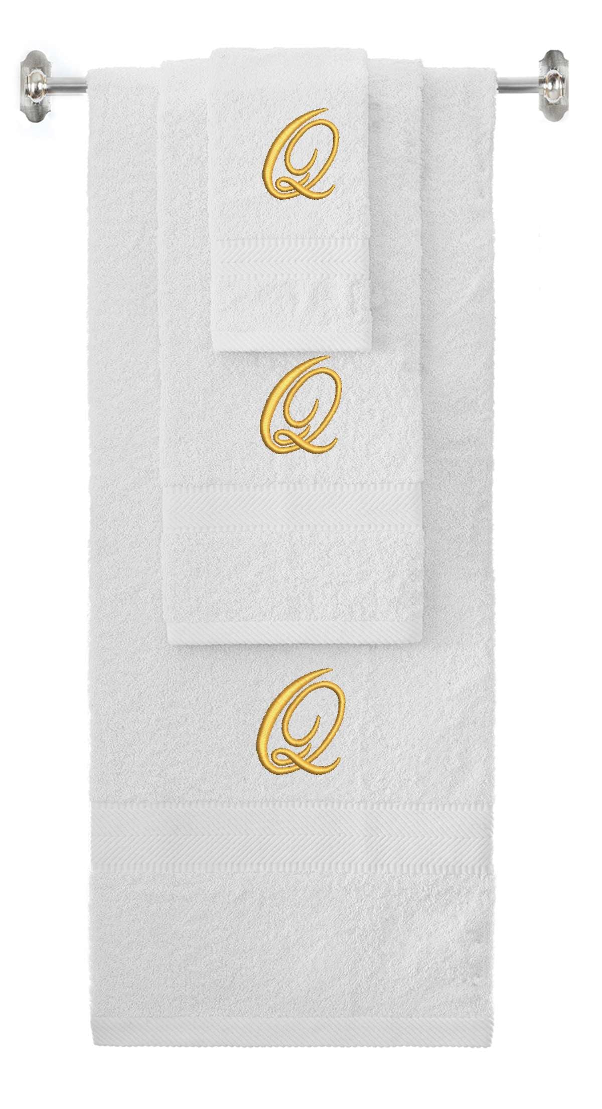 White monogrammed towel set with Gold thread, Diana Script font, initial Q - 540 GSM cotton 3-piece