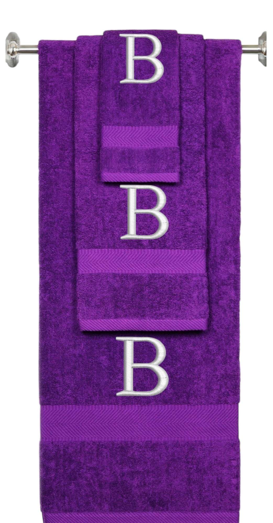 Purple monogrammed towel set with Silver thread, Times New Roman font, initial B - 540 GSM cotton 3-piece