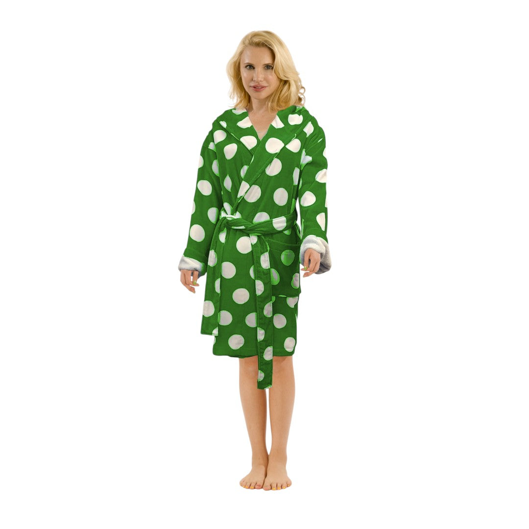 360 GSM Polka Dot Hooded Velour Robe for Women - Knee Length