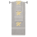 Silver monogrammed towel set with Gold thread, Diana Script font, initial H - 540 GSM cotton 3-piece