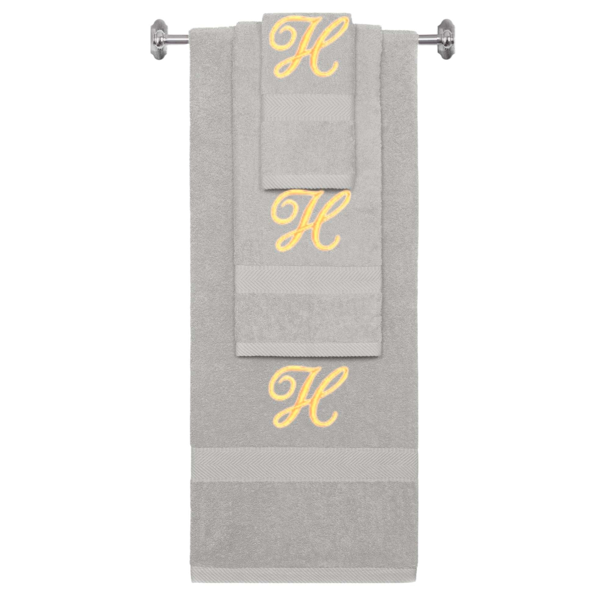 Silver monogrammed towel set with Gold thread, Diana Script font, initial H - 540 GSM cotton 3-piece