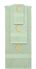 Mint Green monogrammed towel set with Gold thread, Times New Roman font, initial C - 540 GSM cotton 3-piece