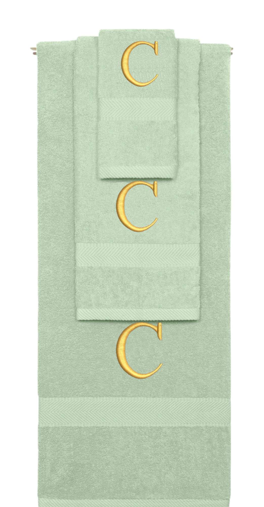 Mint Green monogrammed towel set with Gold thread, Times New Roman font, initial C - 540 GSM cotton 3-piece