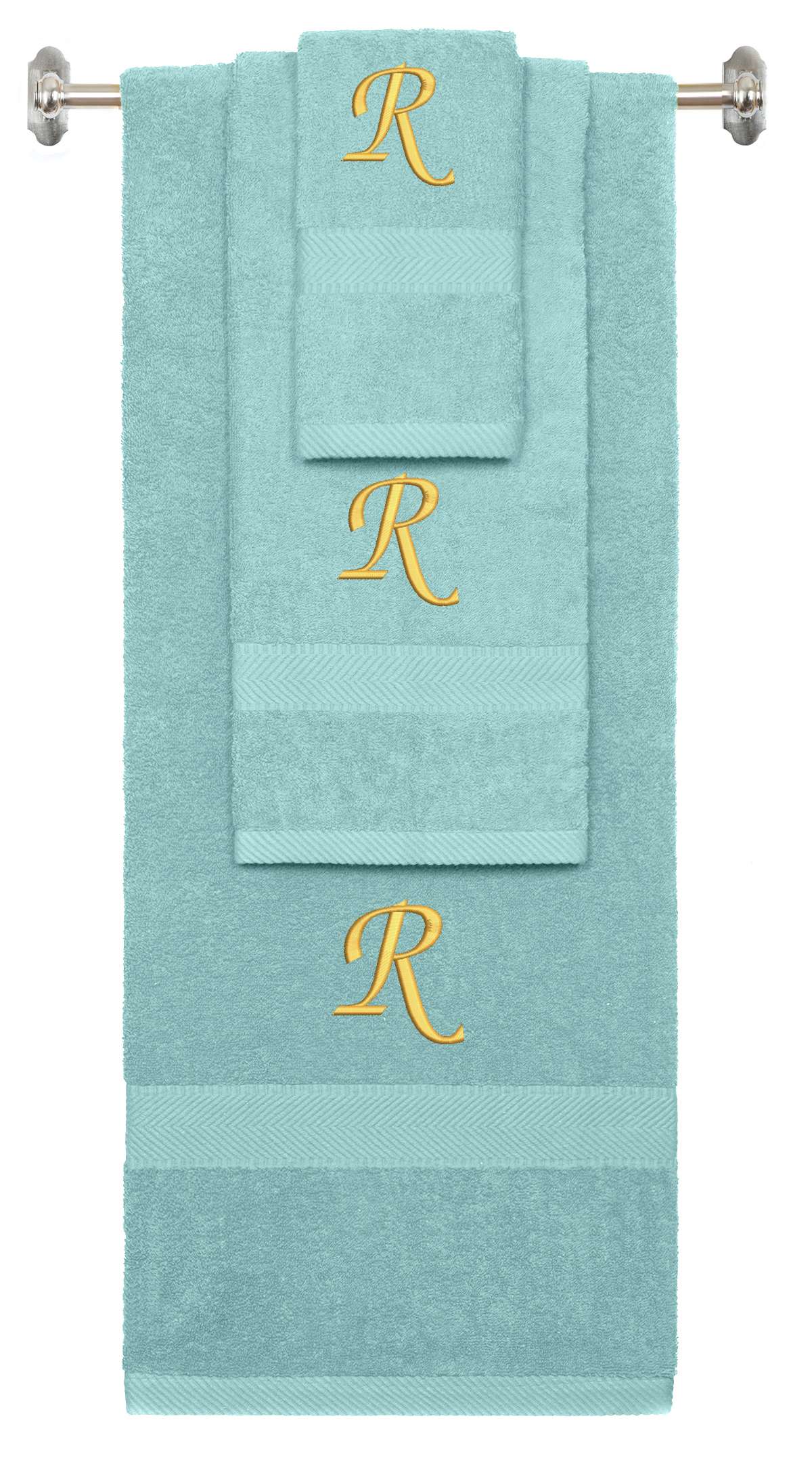 Nautical Teal monogrammed towel set with Gold thread, Chancery font, initial R - 540 GSM cotton 3-piece