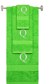 Lime monogrammed towel set with Silver thread, Times New Roman font, initial Q - 540 GSM cotton 3-piece