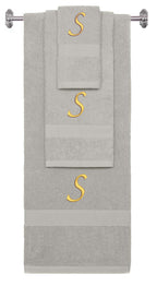 Silver monogrammed towel set with Gold thread, Chancery font, initial S - 540 GSM cotton 3-piece