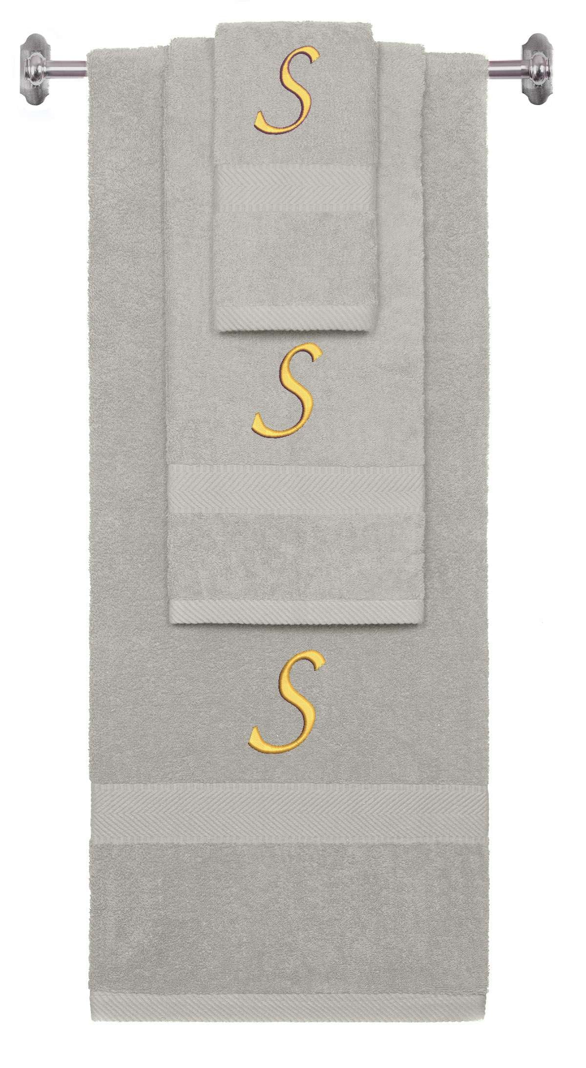 Silver monogrammed towel set with Gold thread, Chancery font, initial S - 540 GSM cotton 3-piece