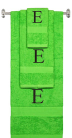 Lime monogrammed towel set with Black thread, Times New Roman font, initial E - 540 GSM cotton 3-piece