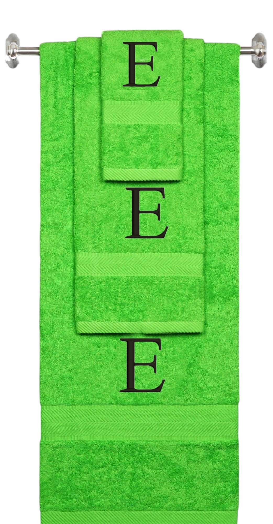 Lime monogrammed towel set with Black thread, Times New Roman font, initial E - 540 GSM cotton 3-piece