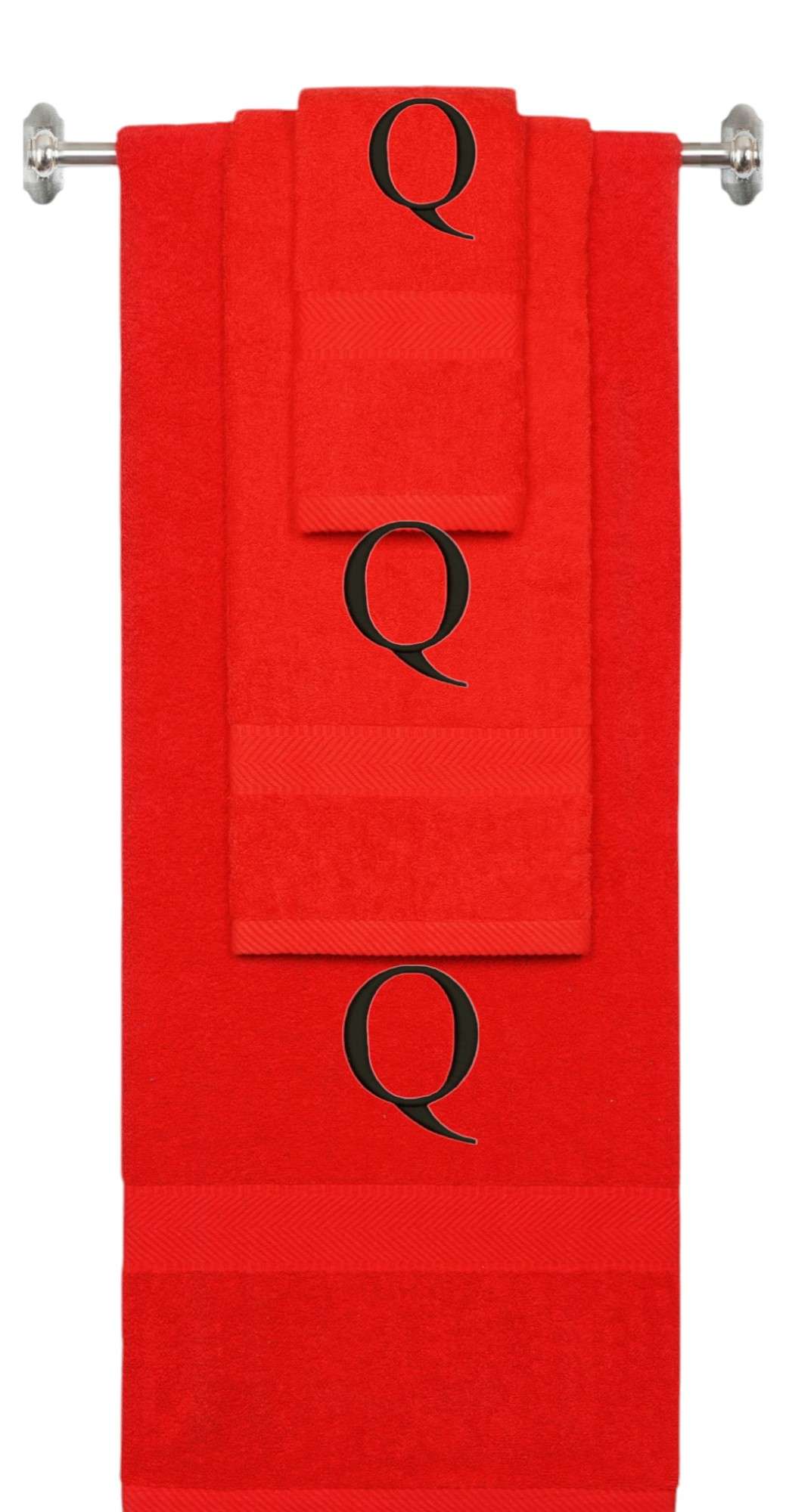 Red monogrammed towel set with Black thread, Times New Roman font, initial Q - 540 GSM cotton 3-piece