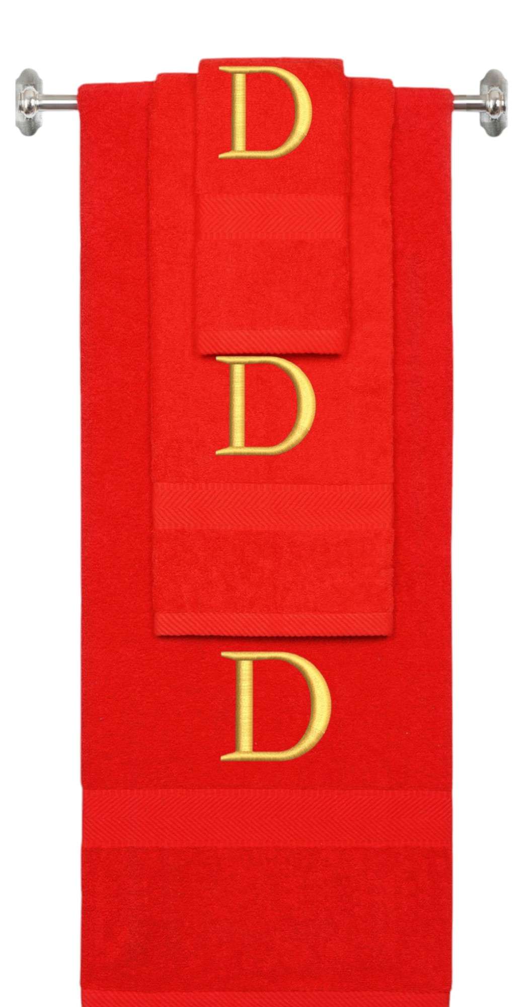 Red monogrammed towel set with Gold thread, Times New Roman font, initial D - 540 GSM cotton 3-piece