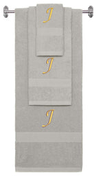 Silver monogrammed towel set with Gold thread, Chancery font, initial J - 540 GSM cotton 3-piece
