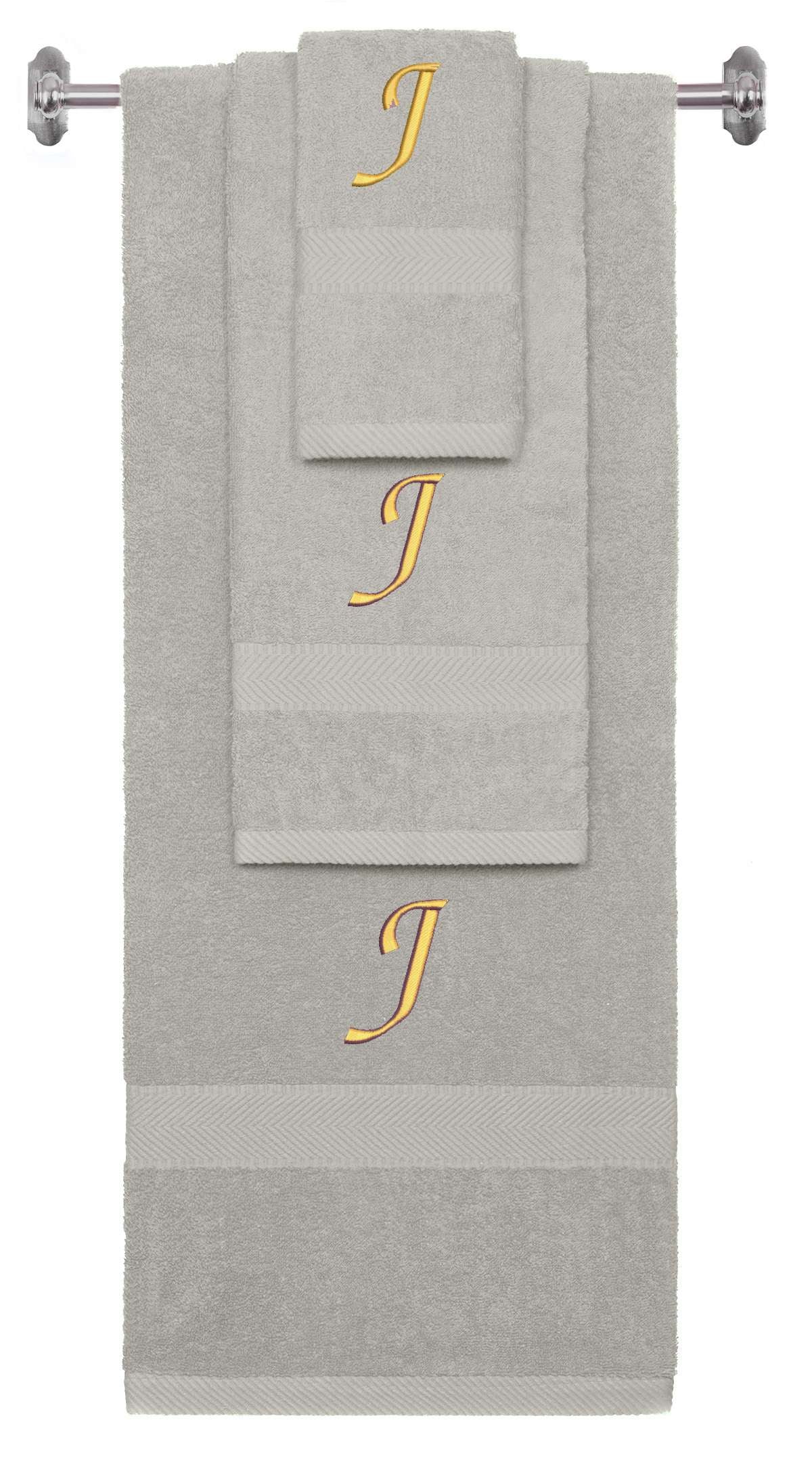 Silver monogrammed towel set with Gold thread, Chancery font, initial J - 540 GSM cotton 3-piece
