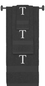 Charcoal monogrammed towel set with Silver thread, Times New Roman font, initial T - 540 GSM cotton 3-piece