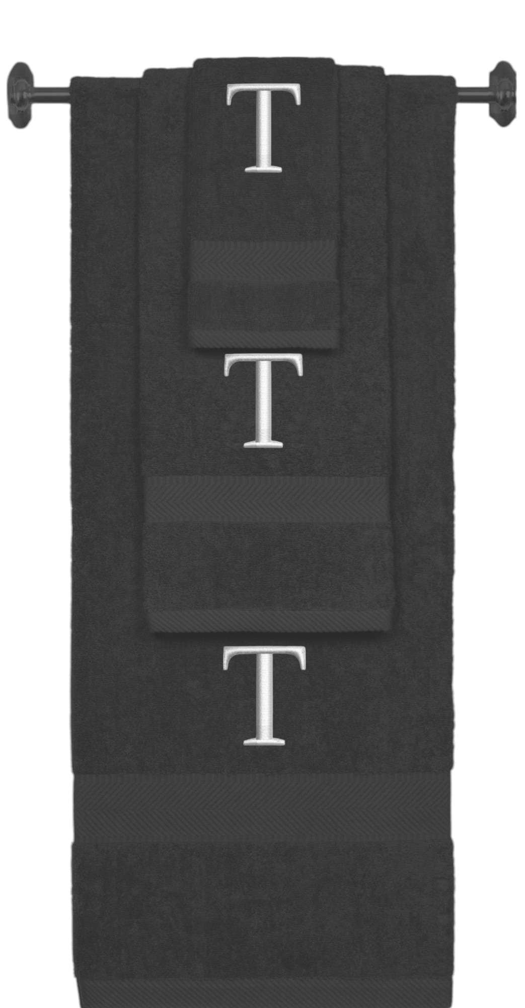 Charcoal monogrammed towel set with Silver thread, Times New Roman font, initial T - 540 GSM cotton 3-piece