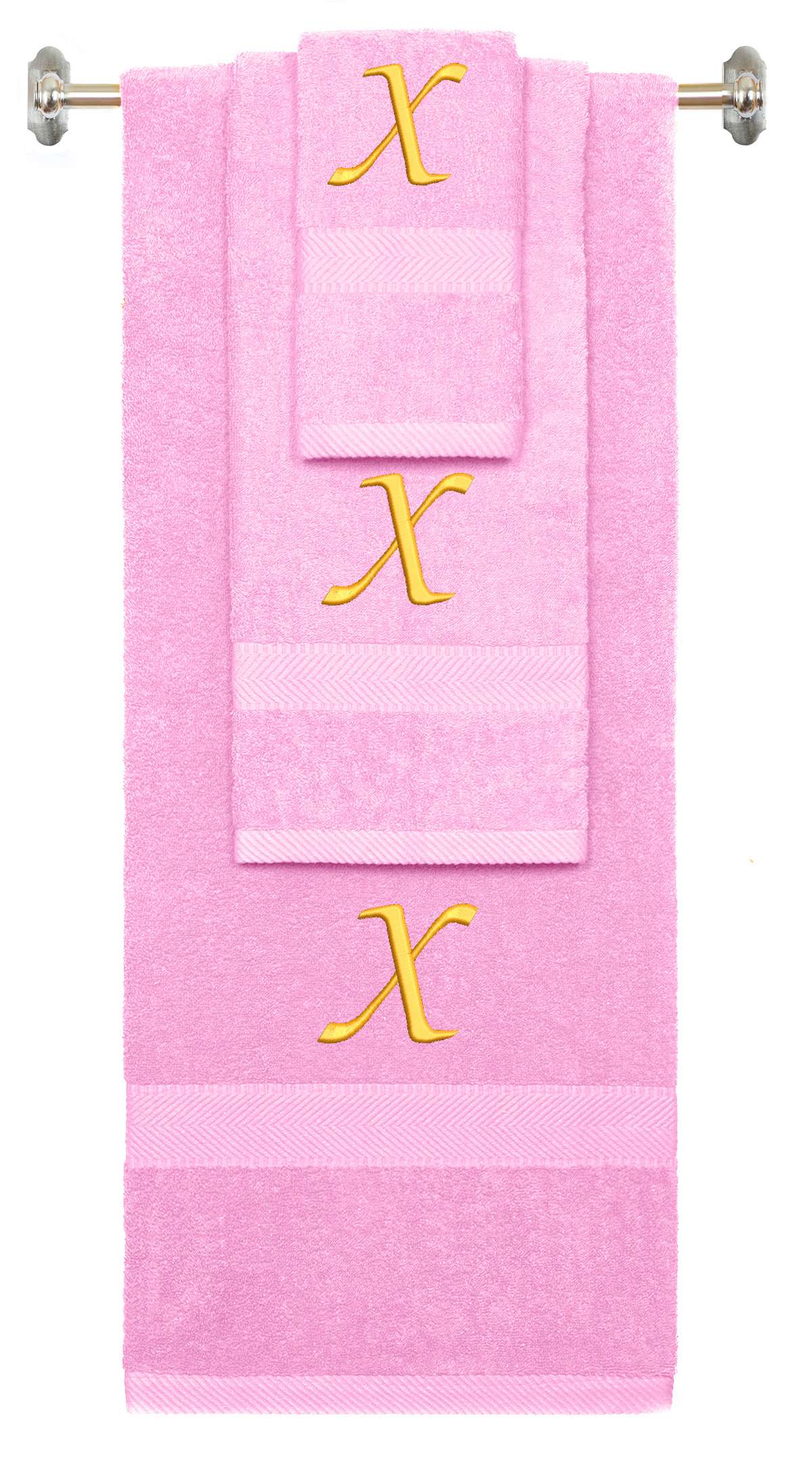 Pink monogrammed towel set with Gold thread, Chancery font, initial X - 540 GSM cotton 3-piece