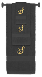 Charcoal monogrammed towel set with Gold thread, Diana Script font, initial S - 540 GSM cotton 3-piece