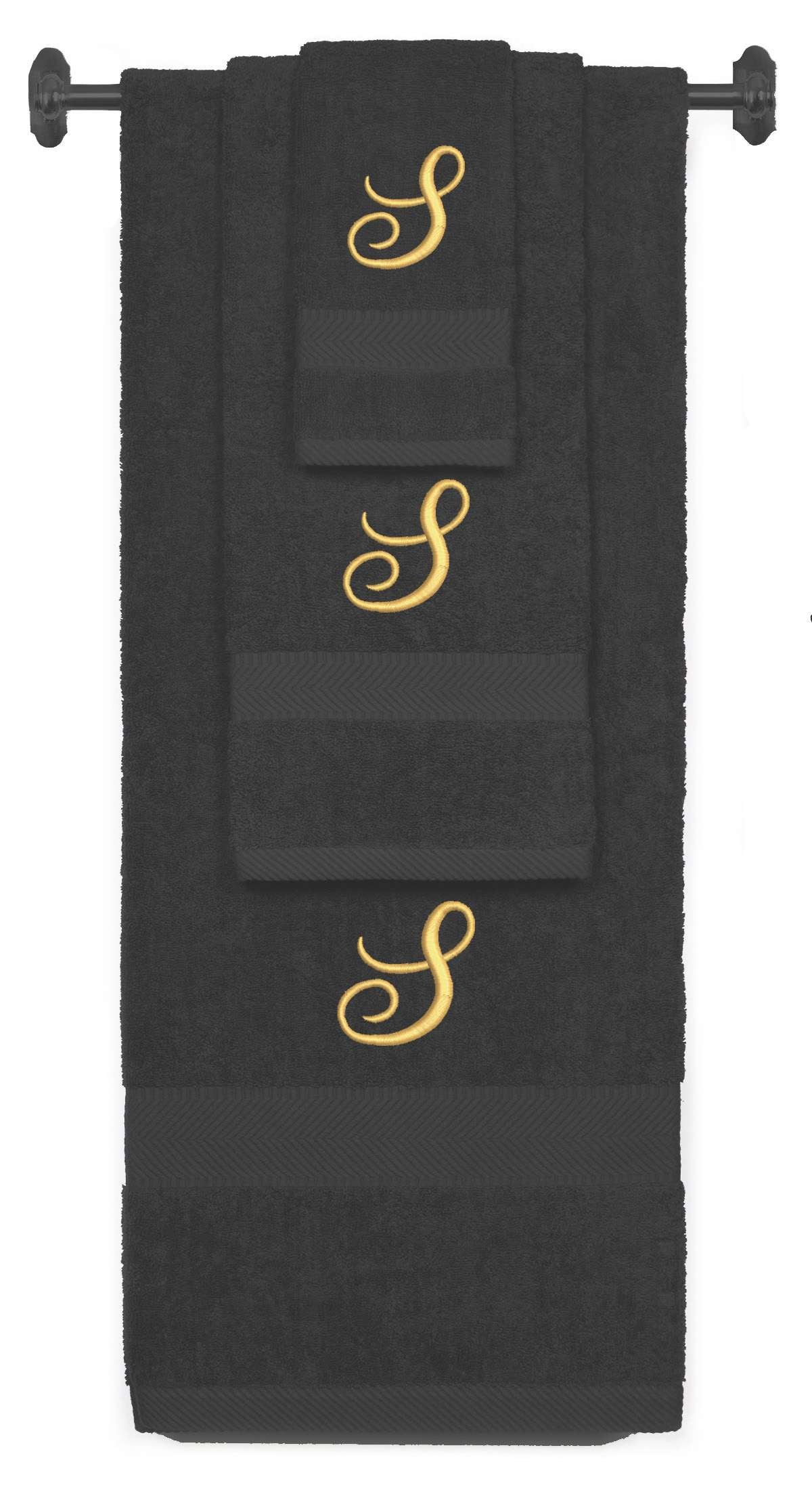 Charcoal monogrammed towel set with Gold thread, Diana Script font, initial S - 540 GSM cotton 3-piece