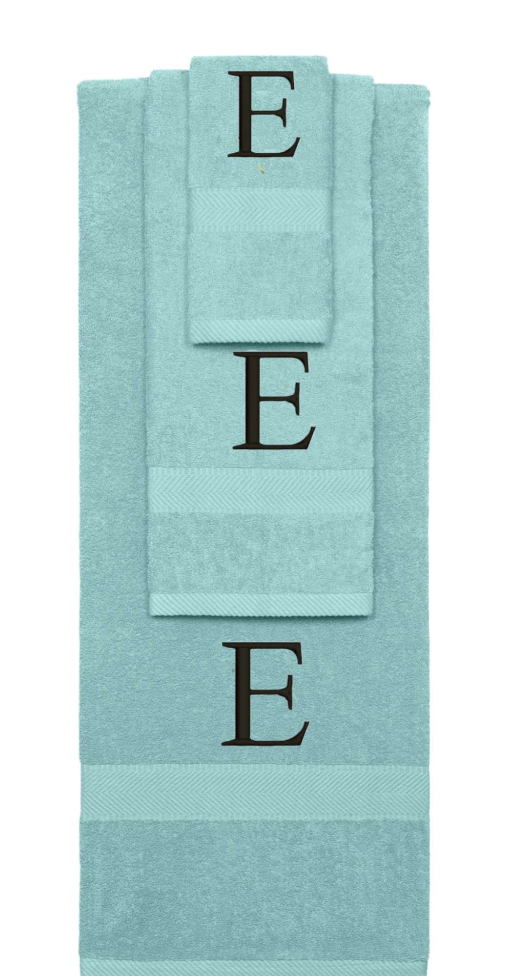 Nautical Teal monogrammed towel set with Black thread, Times New Roman font, initial E - 540 GSM cotton 3-piece