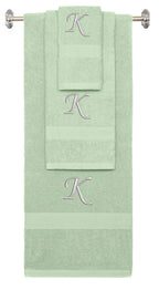 Mint Green monogrammed towel set with Silver thread, Chancery font, initial K - 540 GSM cotton 3-piece