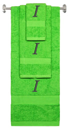 Lime monogrammed towel set with Black thread, Chancery font, initial I - 540 GSM cotton 3-piece