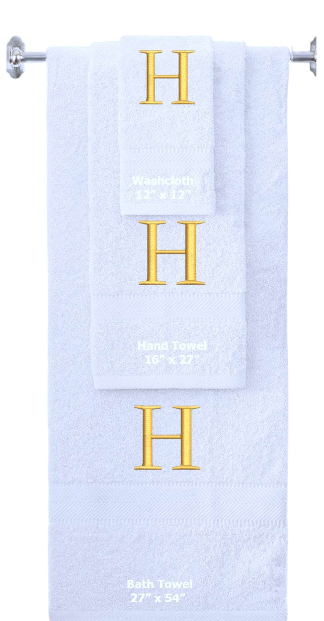 White monogrammed towel set with Gold thread, Times New Roman font, initial H - 540 GSM cotton 3-piece
