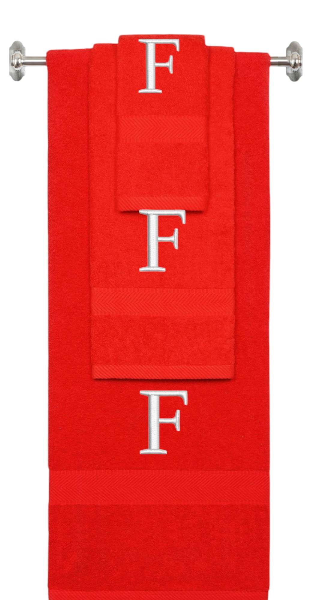 Red monogrammed towel set with Silver thread, Times New Roman font, initial F - 540 GSM cotton 3-piece
