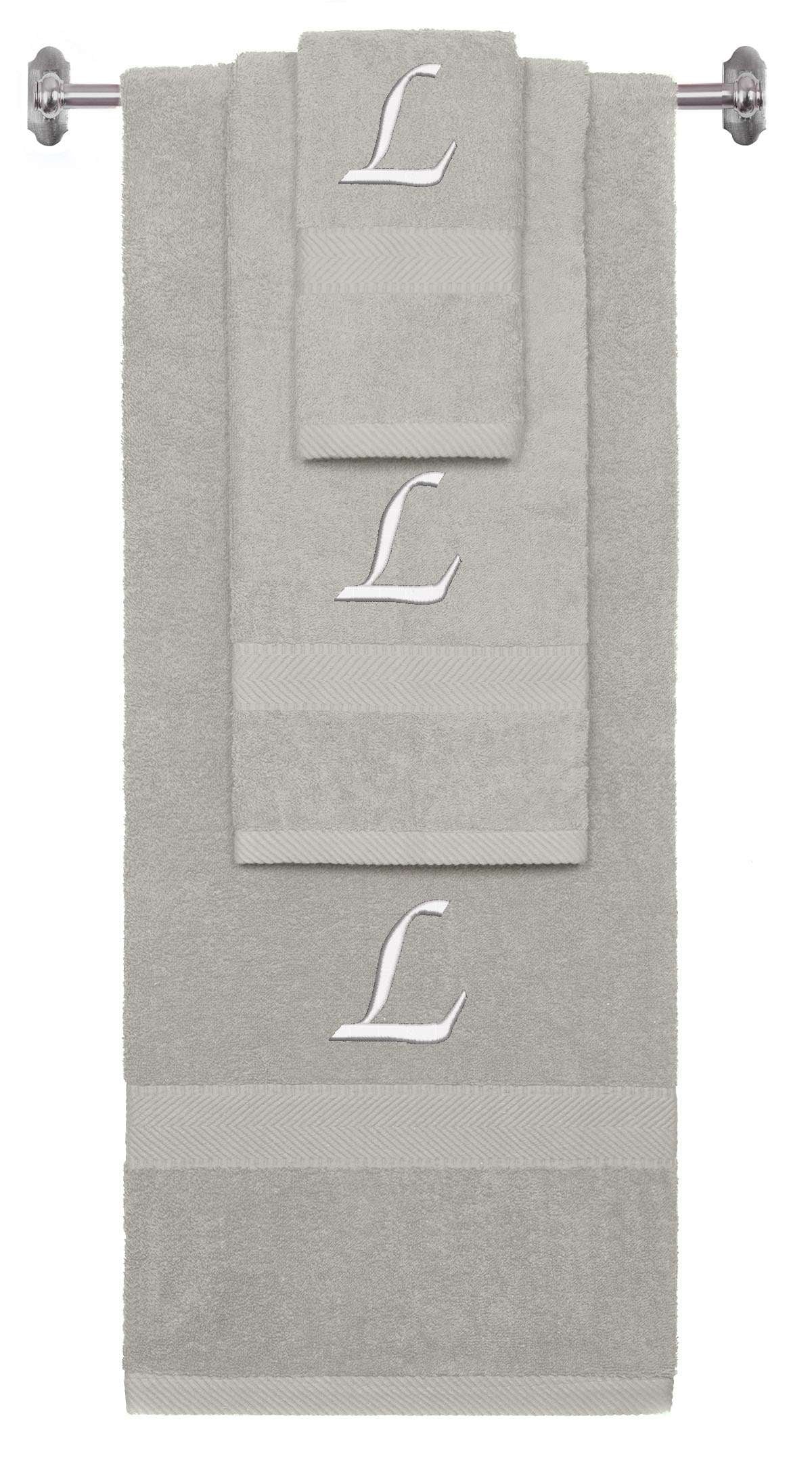 Silver monogrammed towel set with White thread, Chancery font, initial L - 540 GSM cotton 3-piece