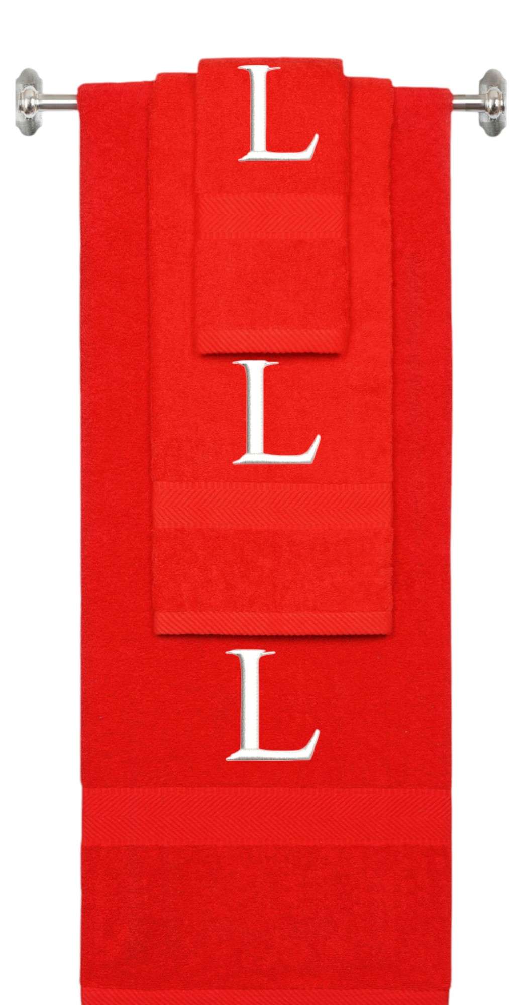 Red monogrammed towel set with White thread, Times New Roman font, initial L - 540 GSM cotton 3-piece